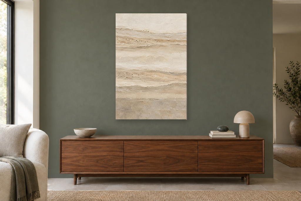Travertine Lines in a living room — interior mockup with the complete original artwork