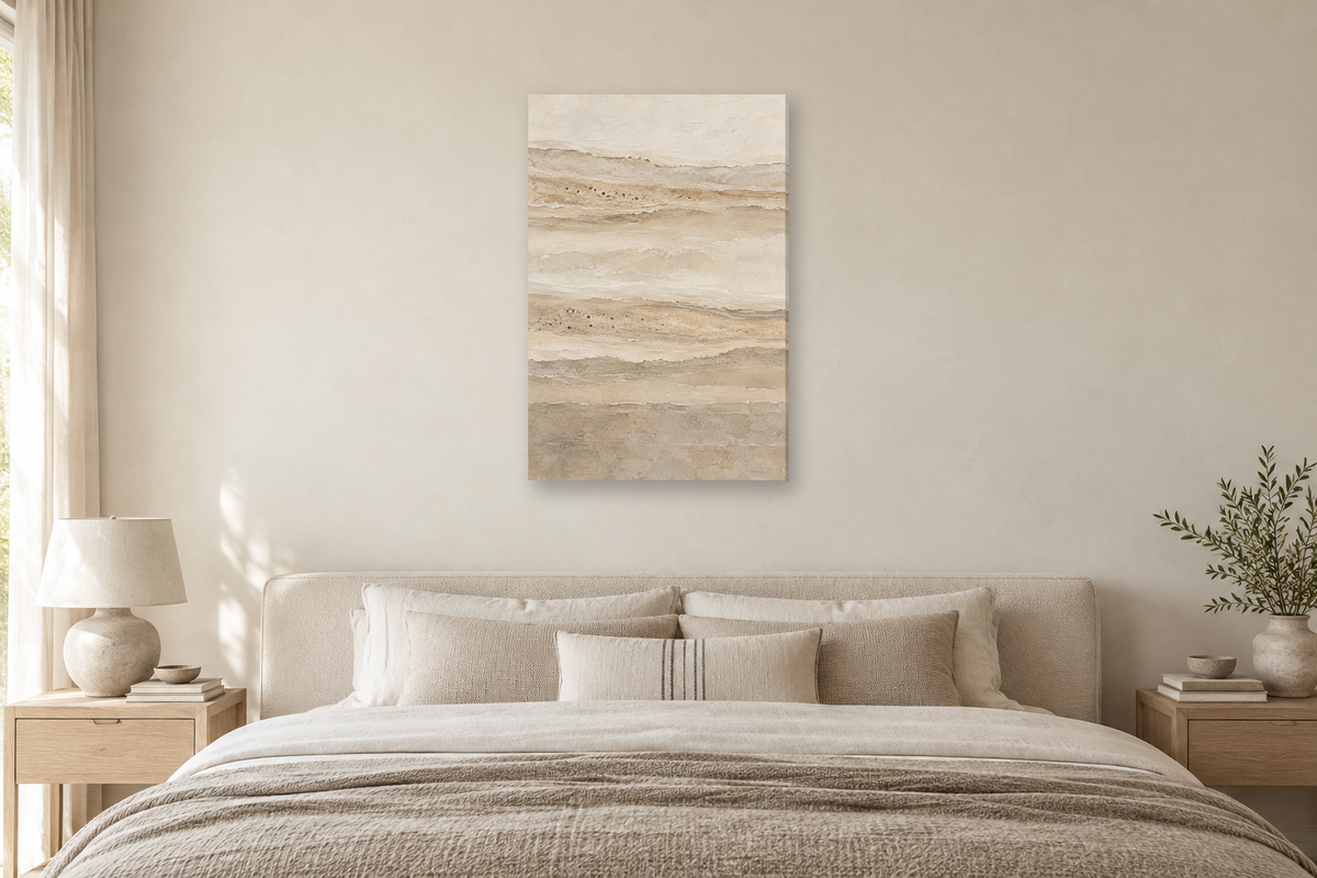 Travertine Lines in a bedroom — interior mockup with the complete original artwork