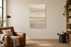 Travertine Lines in a reading corner — interior mockup with the complete original artwork