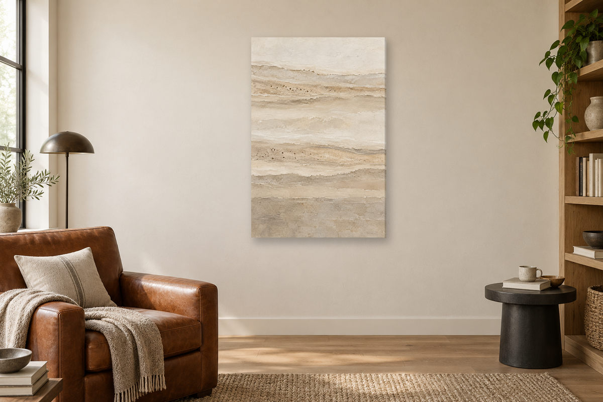 Travertine Lines in a reading corner — interior mockup with the complete original artwork