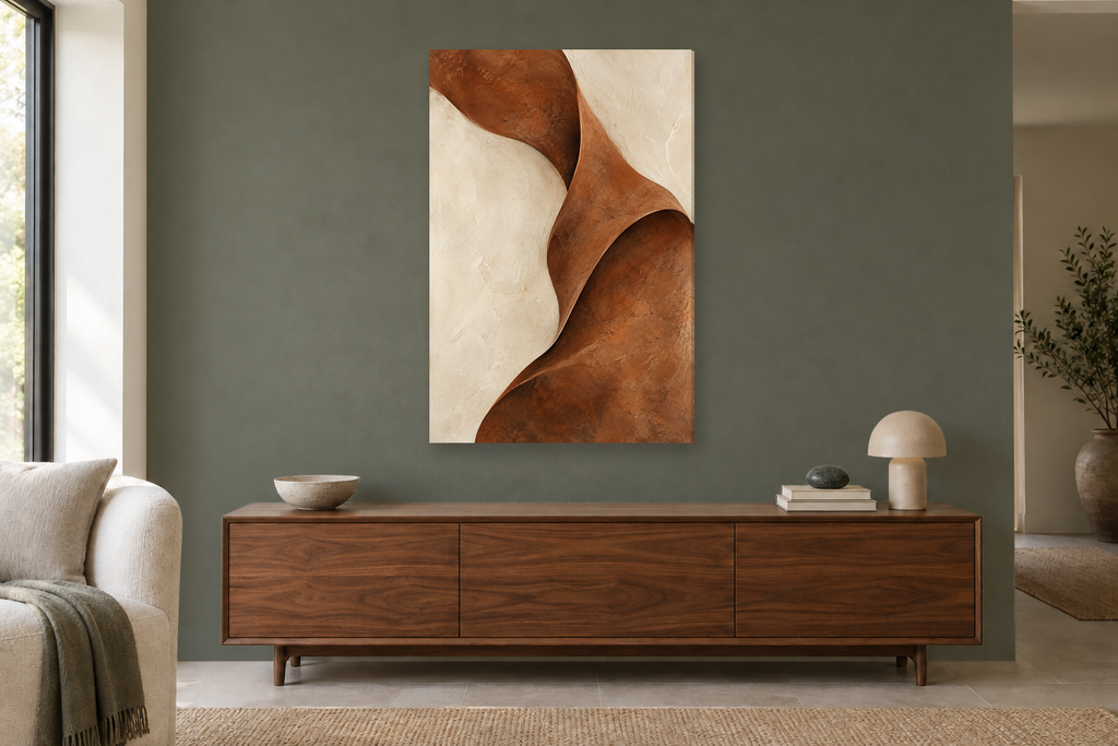 Earth Fold in a living room — interior mockup with the complete original artwork
