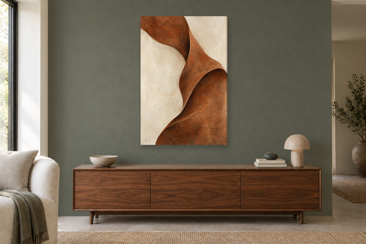 Earth Fold in a living room — interior mockup with the complete original artwork