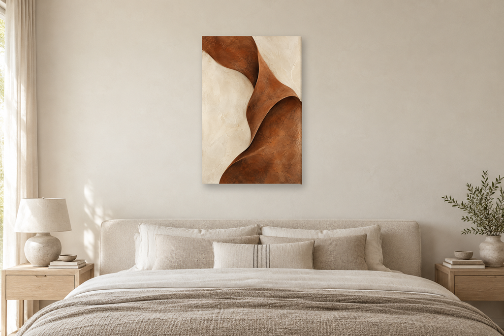Earth Fold in a bedroom — interior mockup with the complete original artwork