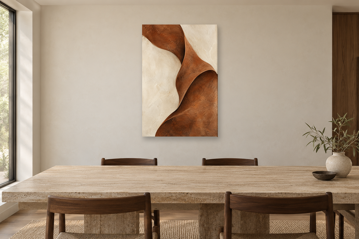 Earth Fold in a dining room — interior mockup with the complete original artwork