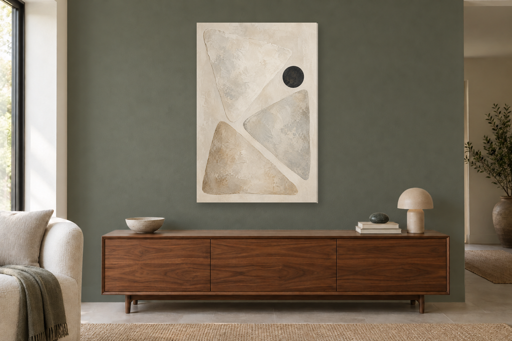 Soft Geometry in a living room — interior mockup with the complete original artwork