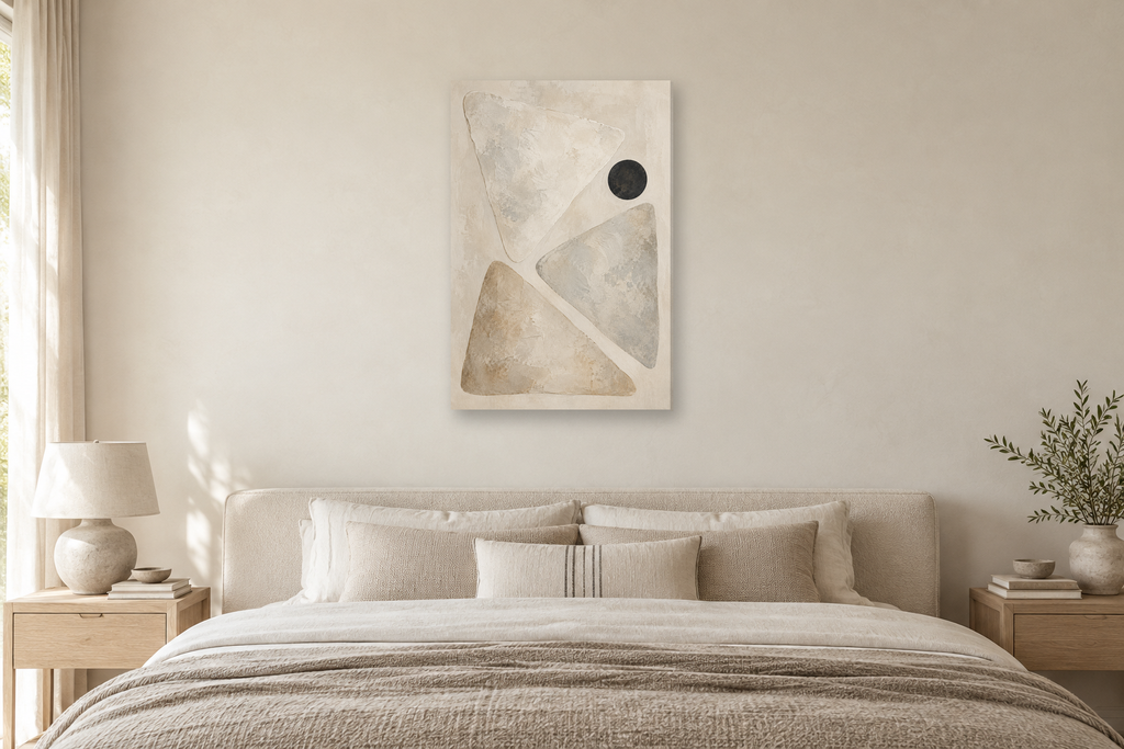 Soft Geometry in a bedroom — interior mockup with the complete original artwork