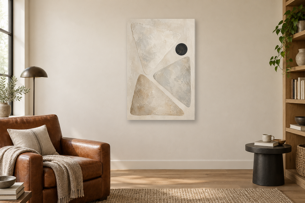 Soft Geometry in a reading corner — interior mockup with the complete original artwork