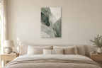 Mineral Drift in a bedroom — interior mockup with the complete original artwork