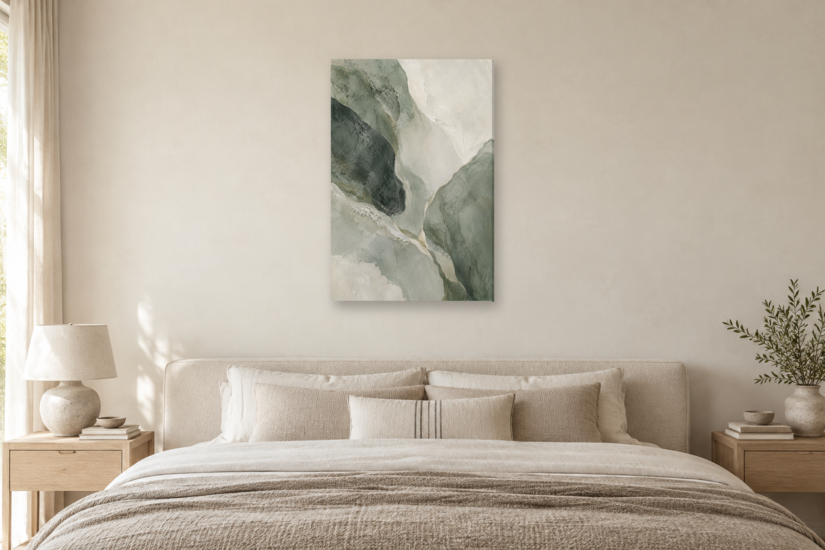 Mineral Drift in a bedroom — interior mockup with the complete original artwork