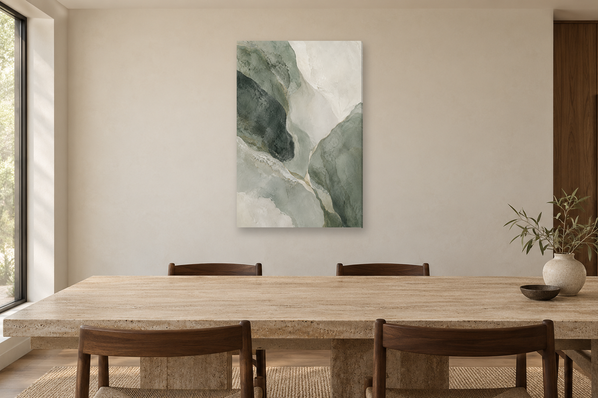 Mineral Drift in a dining room — interior mockup with the complete original artwork