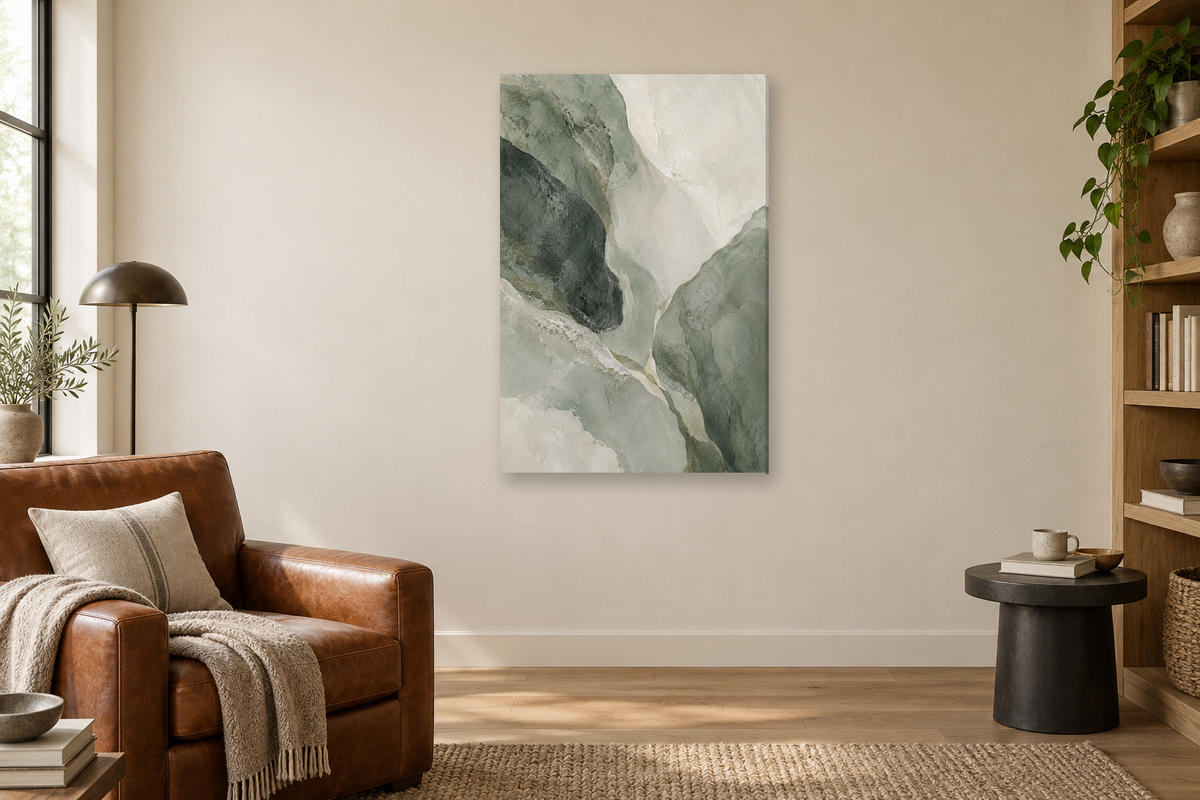 Mineral Drift in a reading corner — interior mockup with the complete original artwork