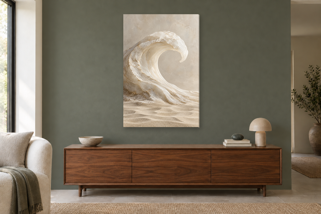 Alabaster Wave in a living room — interior mockup with the complete original artwork