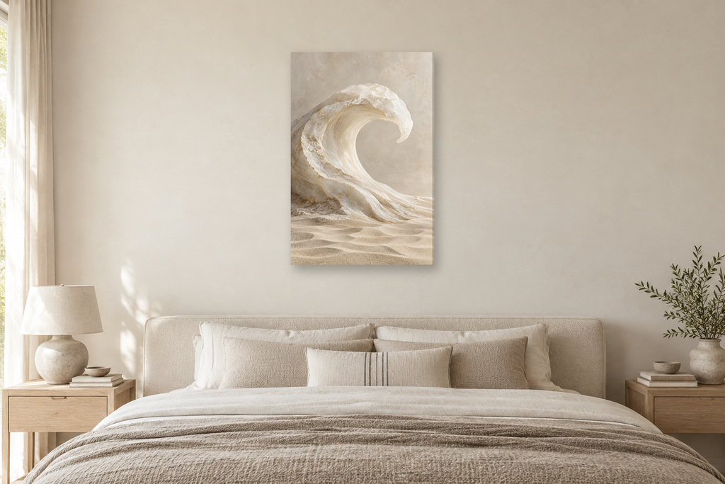 Alabaster Wave in a bedroom — interior mockup with the complete original artwork