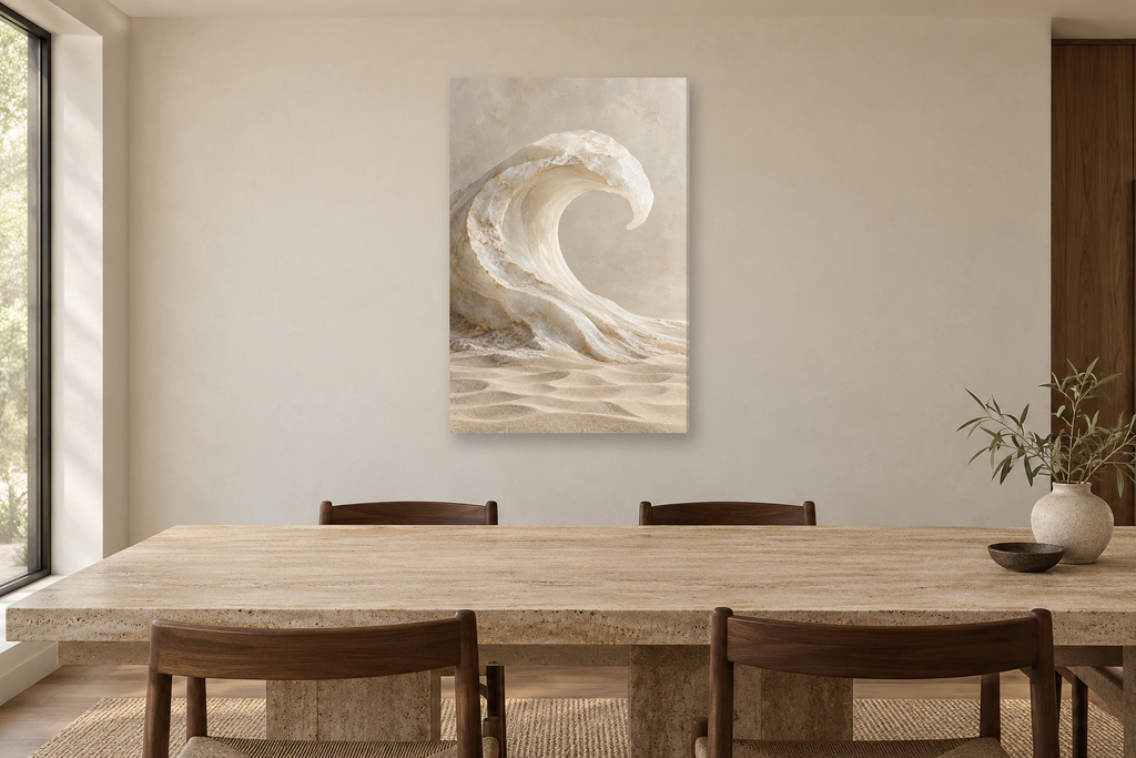 Alabaster Wave in a dining room — interior mockup with the complete original artwork