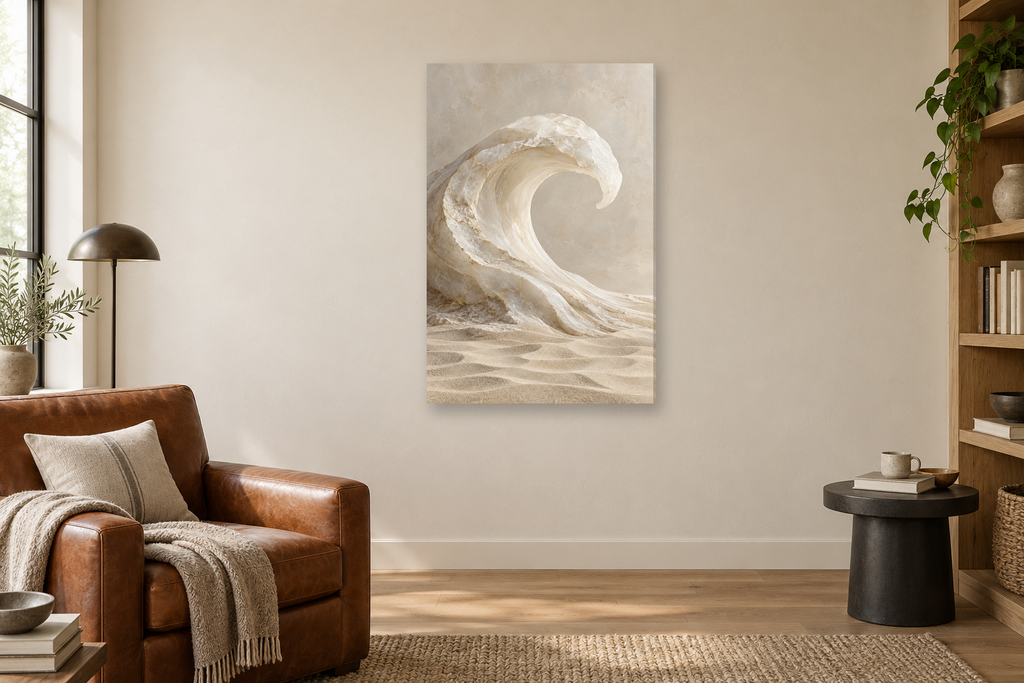 Alabaster Wave in a reading corner — interior mockup with the complete original artwork