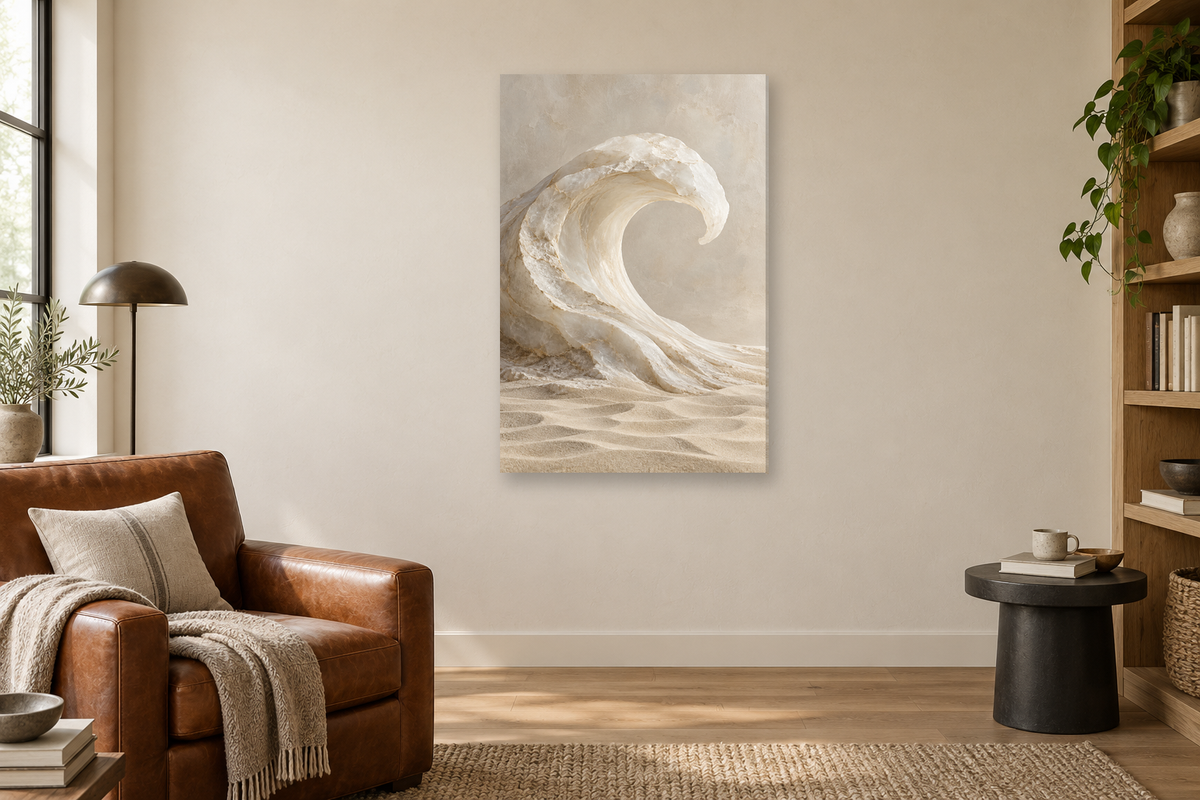 Alabaster Wave in a reading corner — interior mockup with the complete original artwork