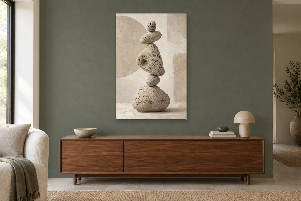 Pumice Study in a living room — interior mockup with the complete original artwork
