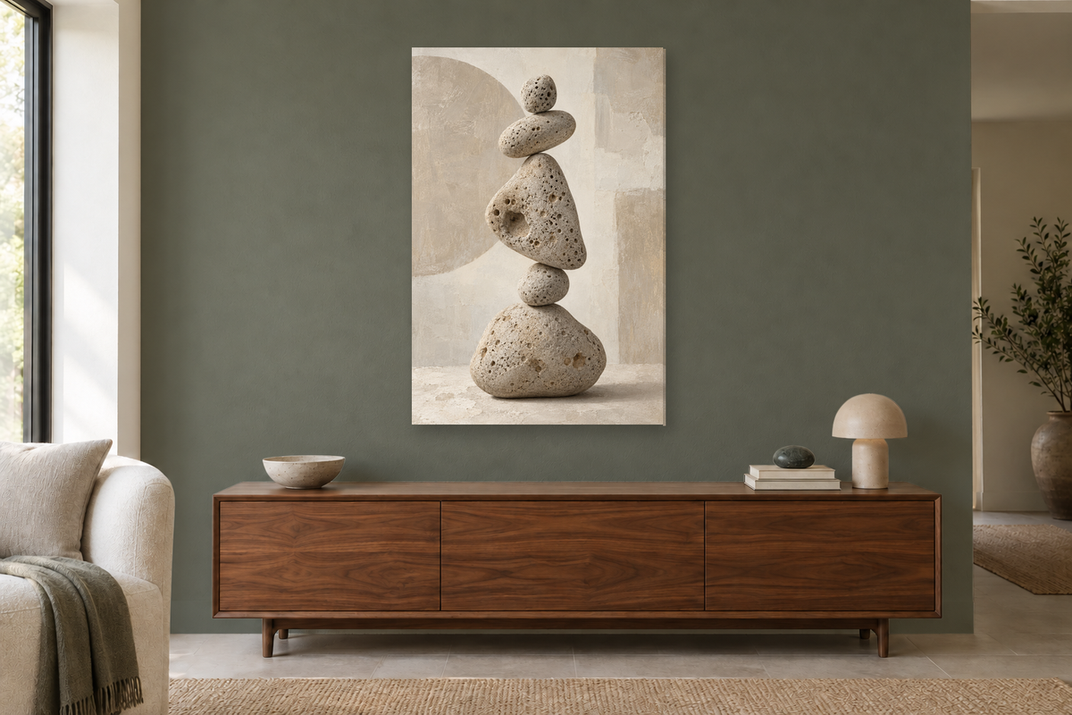 Pumice Study in a living room — interior mockup with the complete original artwork