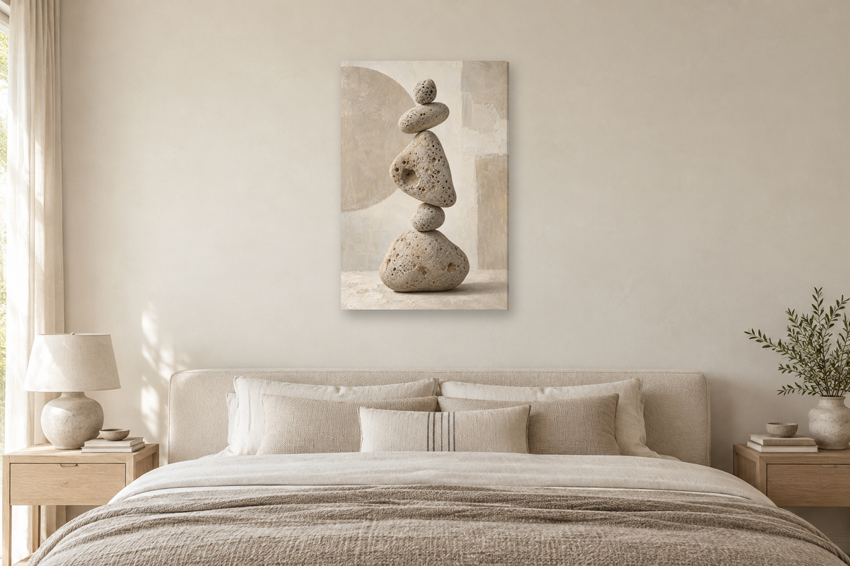 Pumice Study in a bedroom — interior mockup with the complete original artwork