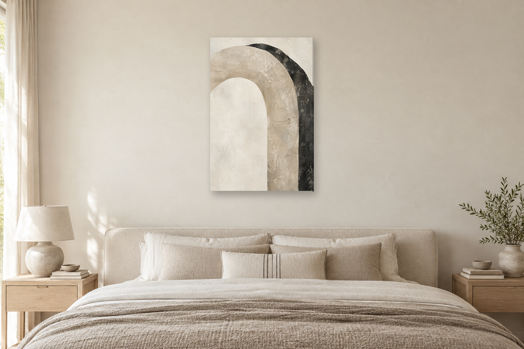 Natural Arc in a bedroom — interior mockup with the complete original artwork