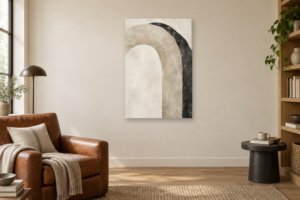 Natural Arc in a reading corner — interior mockup with the complete original artwork