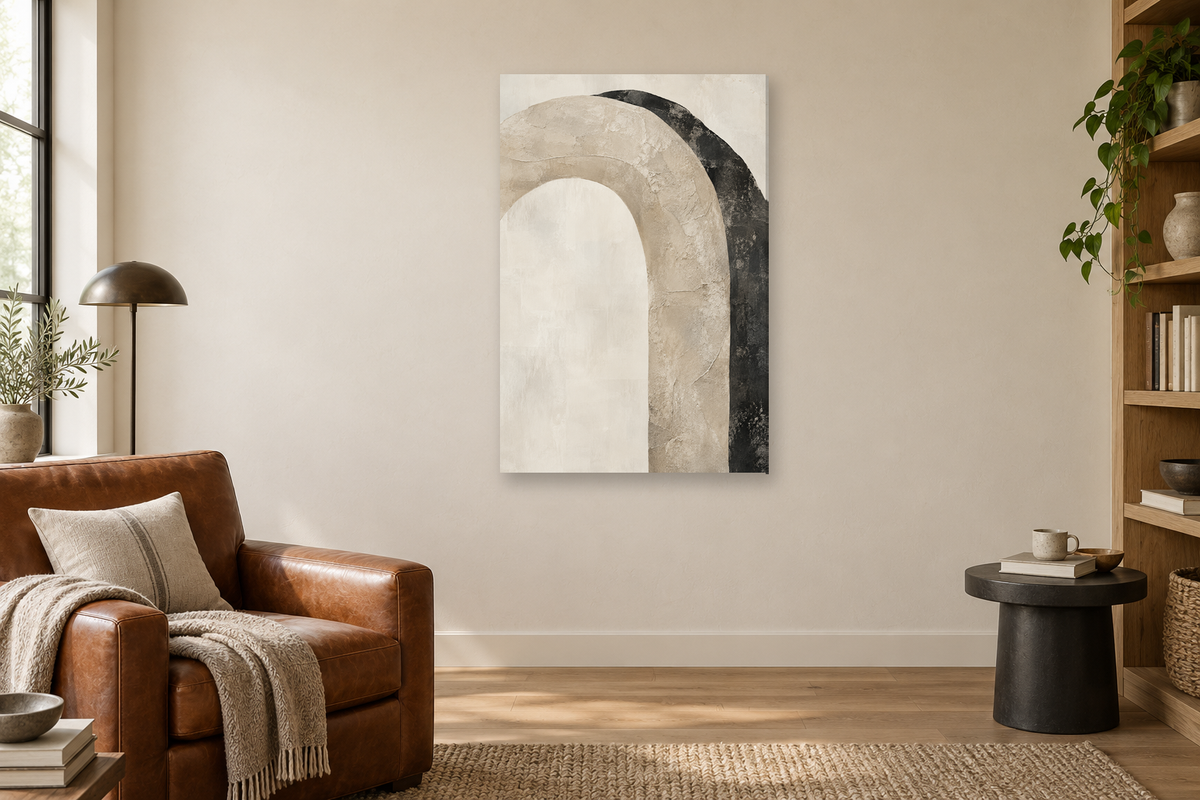 Natural Arc in a reading corner — interior mockup with the complete original artwork