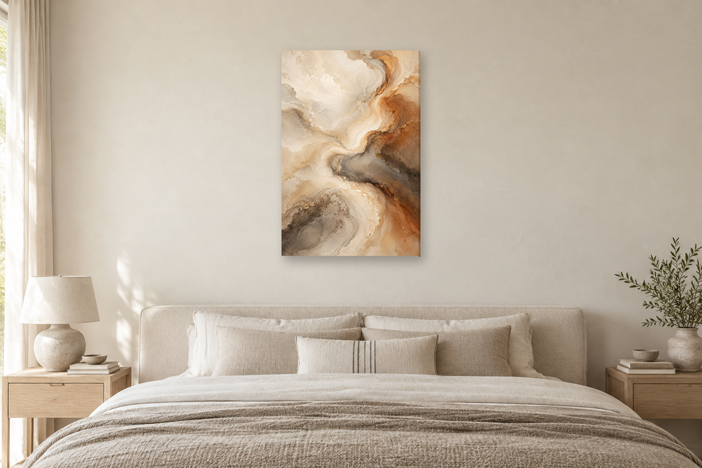 Clouded Marble in a bedroom — interior mockup with the complete original artwork