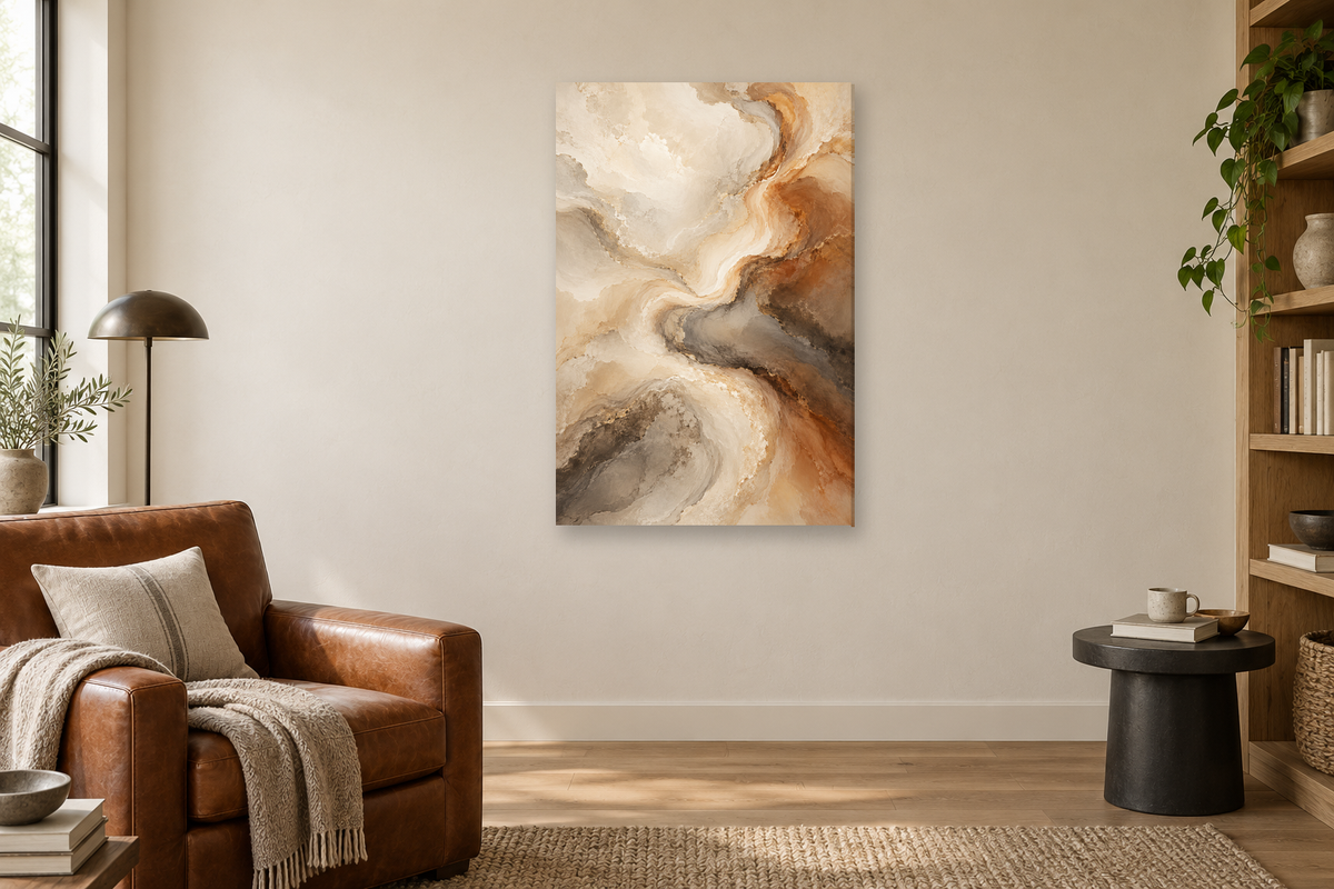 Clouded Marble in a reading corner — interior mockup with the complete original artwork