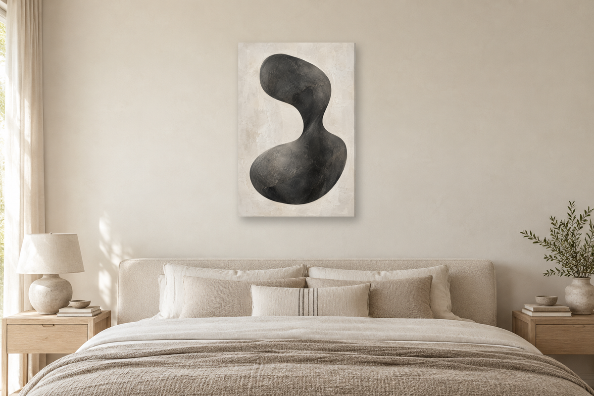 Still Form in a bedroom — interior mockup with the complete original artwork