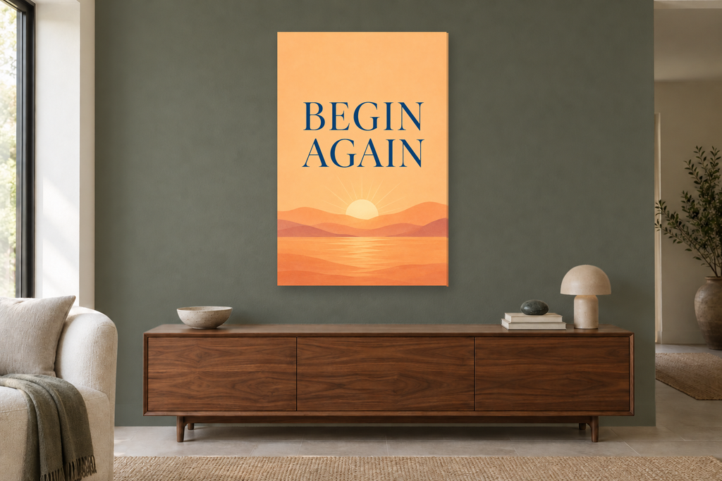 Begin Again in a living room — interior mockup with the complete original artwork