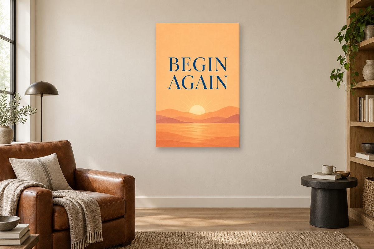 Begin Again in a reading corner — interior mockup with the complete original artwork