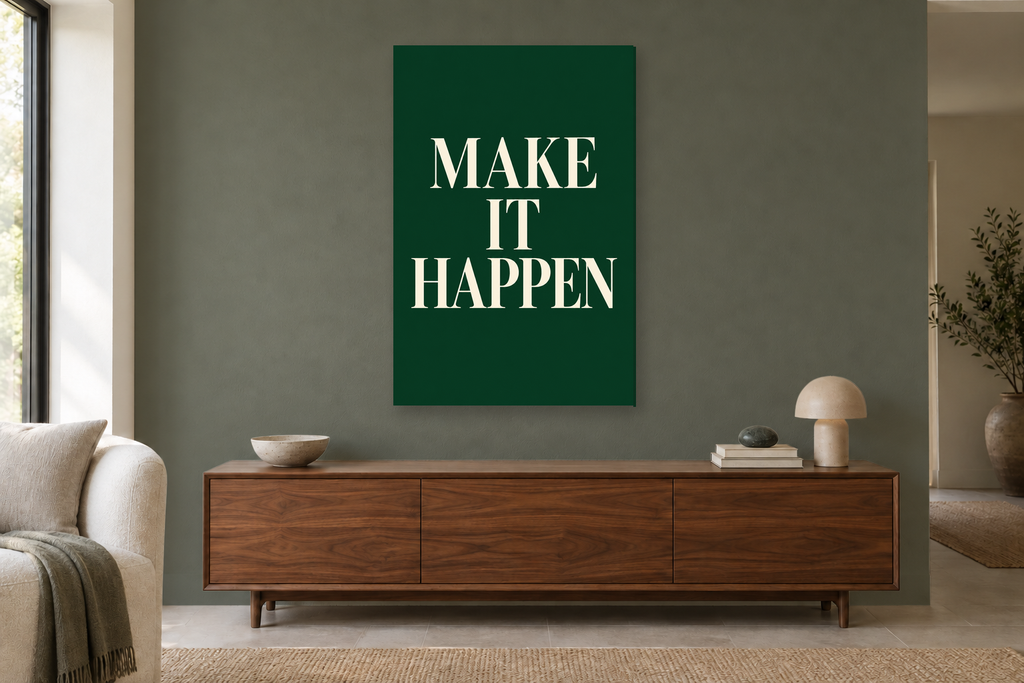 Make It Happen in a living room — interior mockup with the complete original artwork