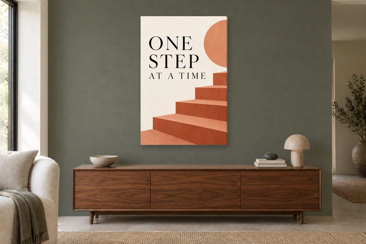 One Step at a Time in a living room — interior mockup with the complete original artwork