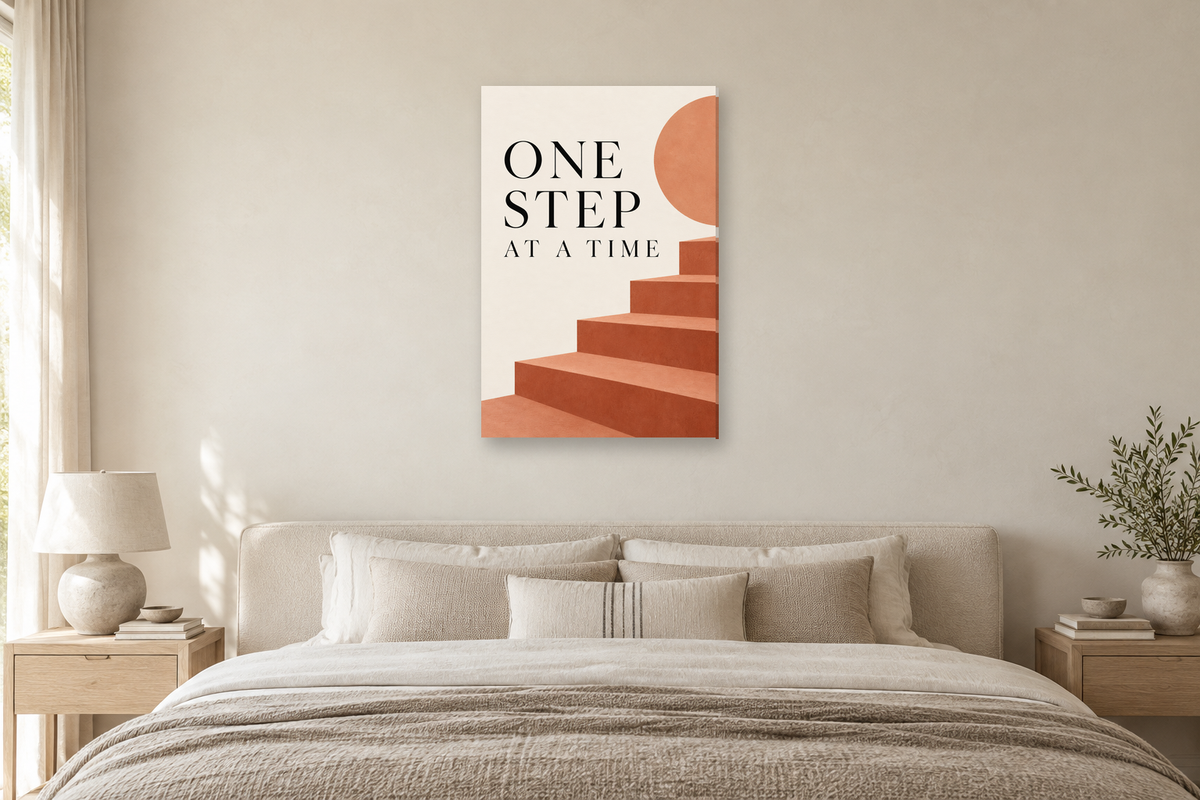 One Step at a Time in a bedroom — interior mockup with the complete original artwork