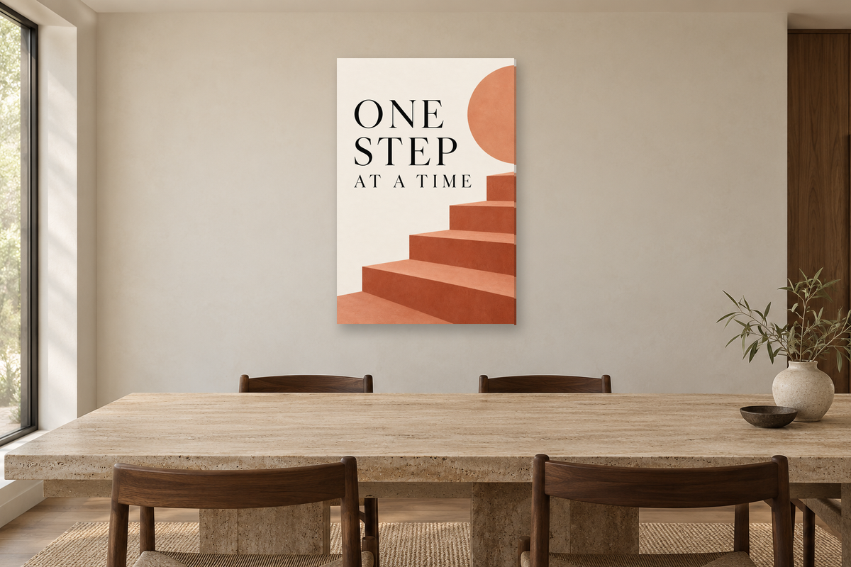 One Step at a Time in a dining room — interior mockup with the complete original artwork