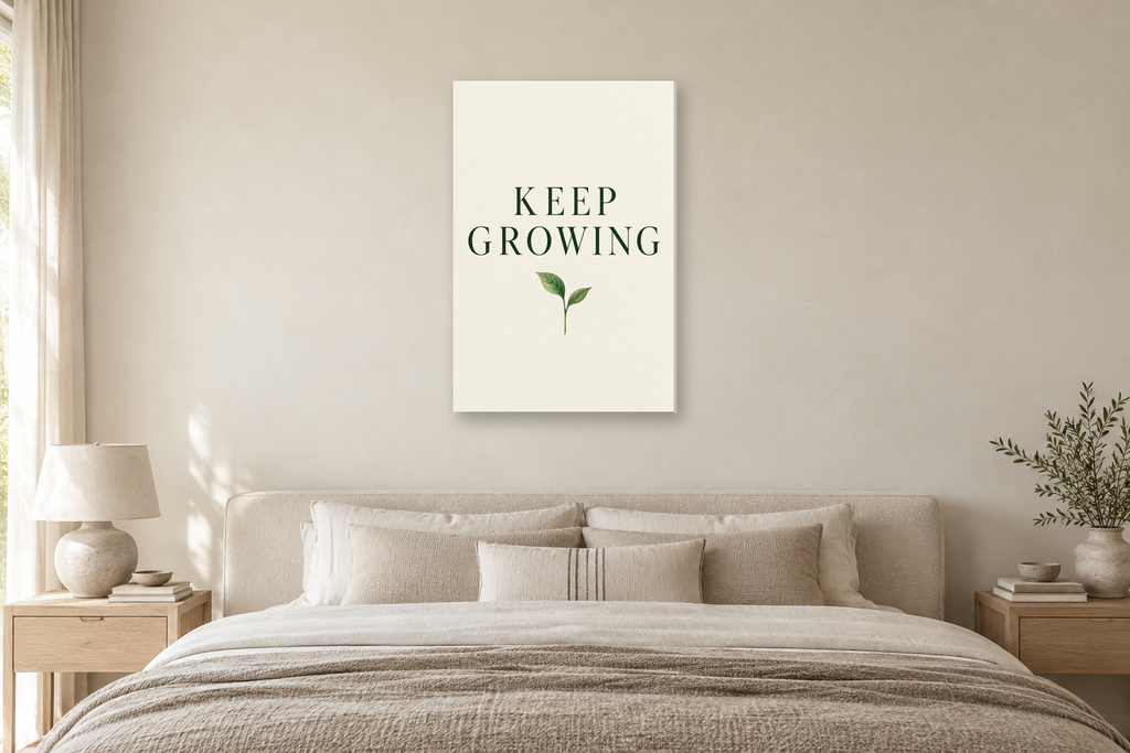Keep Growing in a bedroom — interior mockup with the complete original artwork