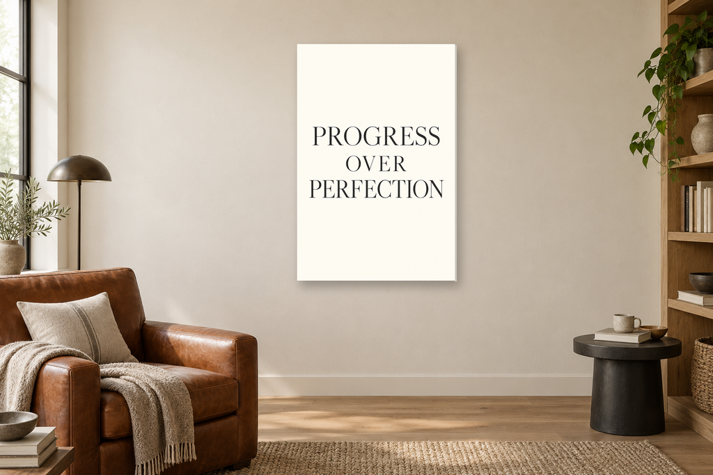 Progress Over Perfection in a reading corner — interior mockup with the complete original artwork