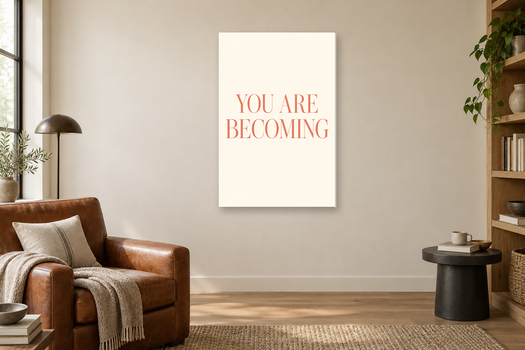 You Are Becoming in a reading corner — interior mockup with the complete original artwork
