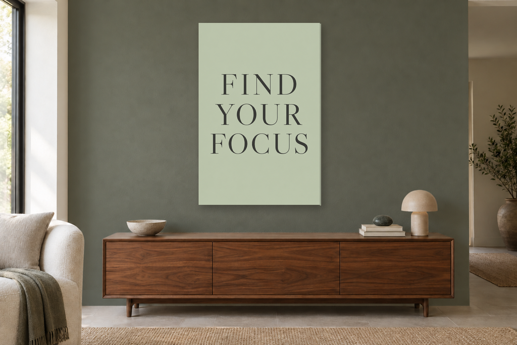 Find Your Focus in a living room — interior mockup with the complete original artwork