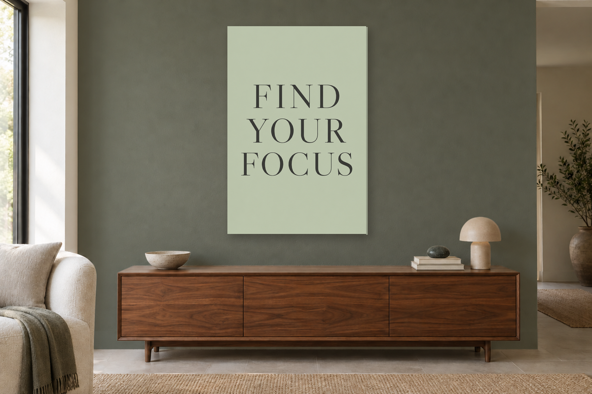 Find Your Focus in a living room — interior mockup with the complete original artwork