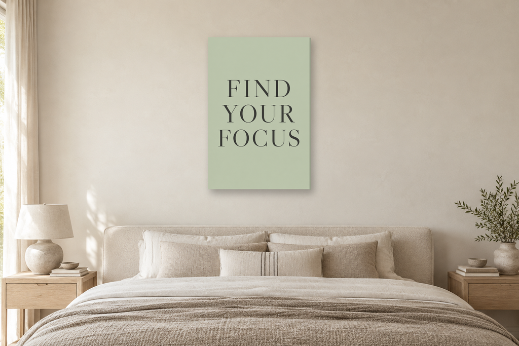 Find Your Focus in a bedroom — interior mockup with the complete original artwork