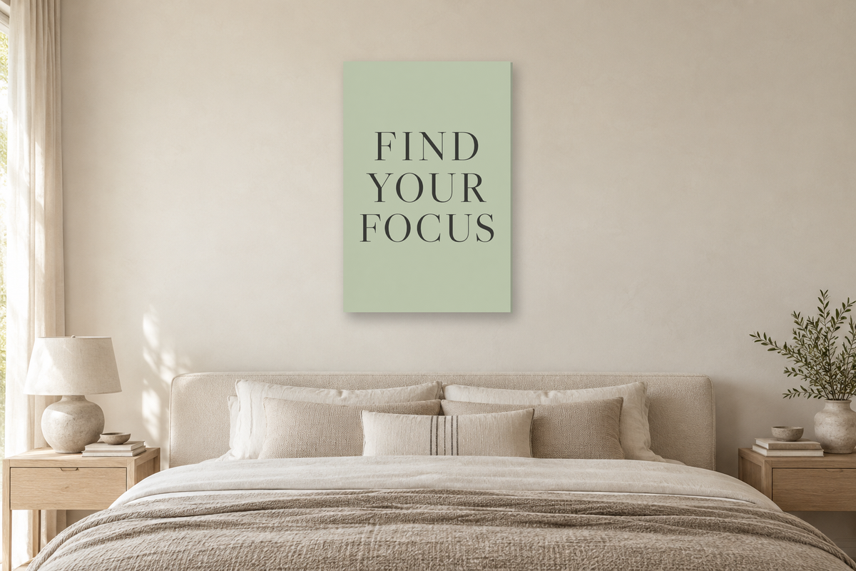 Find Your Focus in a bedroom — interior mockup with the complete original artwork