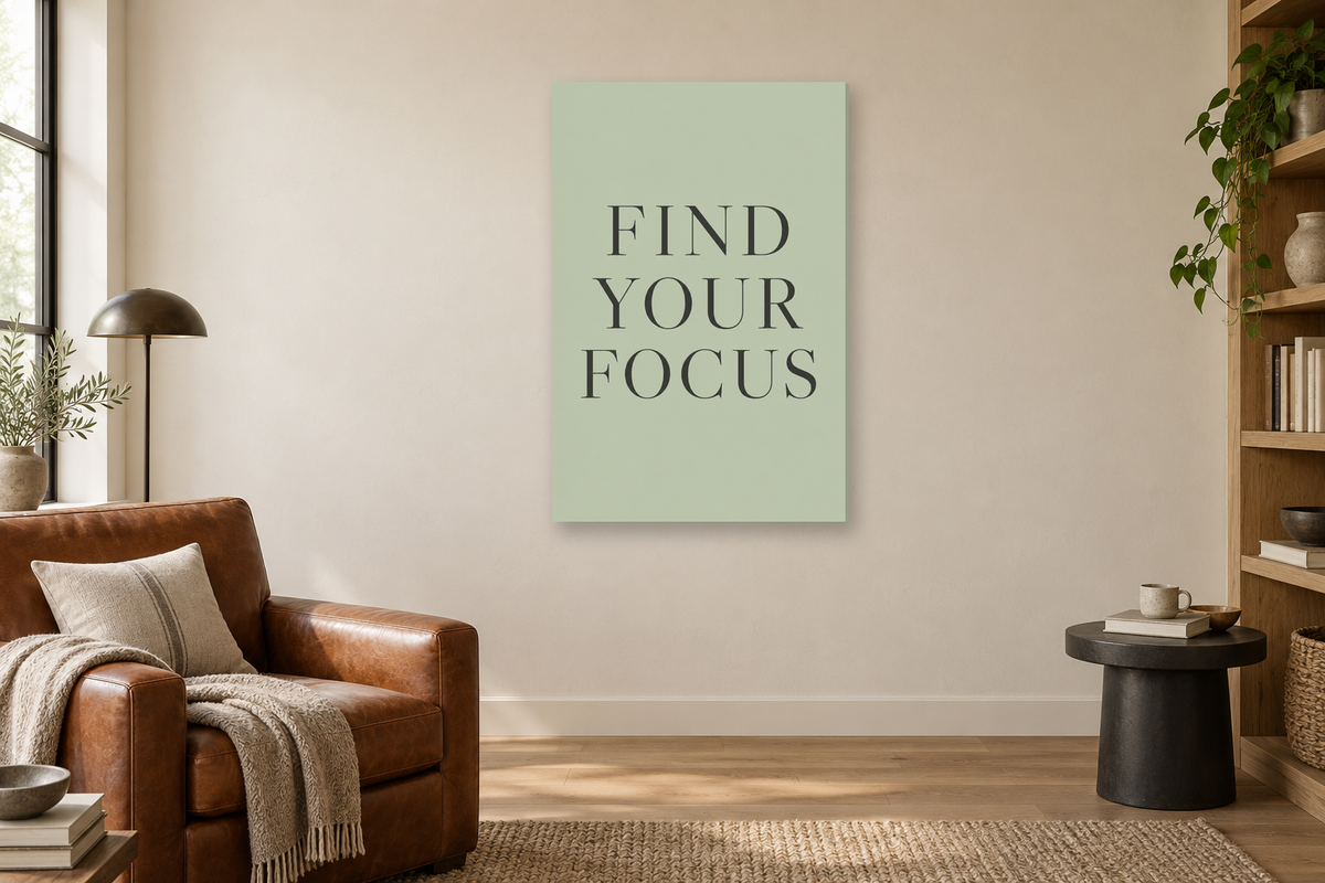 Find Your Focus in a reading corner — interior mockup with the complete original artwork