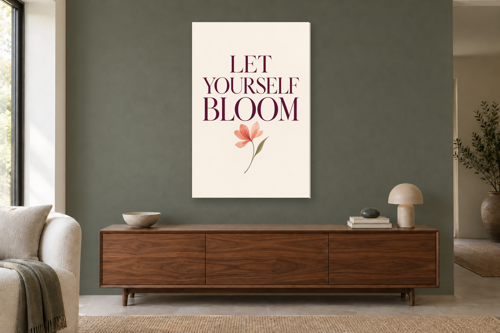 Let Yourself Bloom in a living room — interior mockup with the complete original artwork