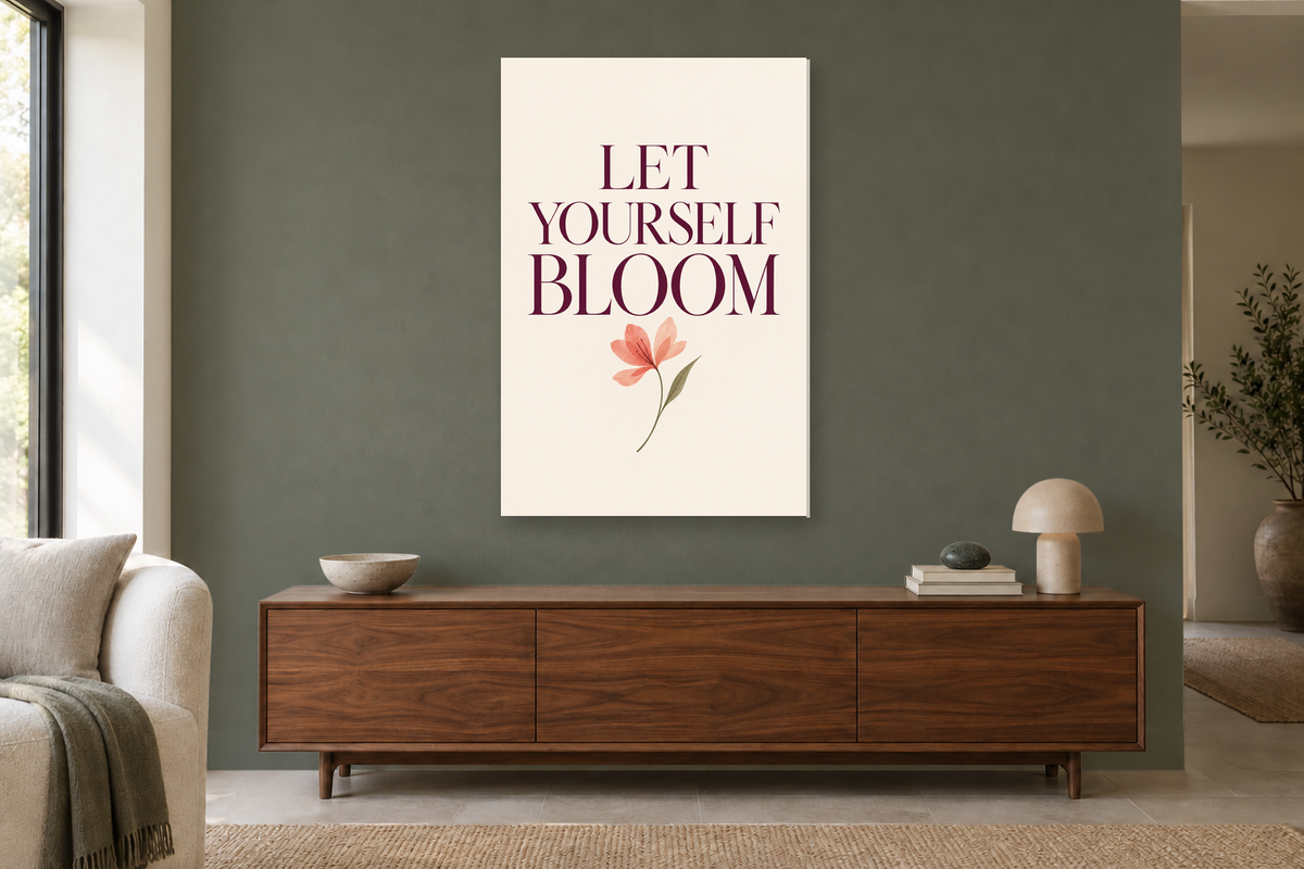 Let Yourself Bloom in a living room — interior mockup with the complete original artwork