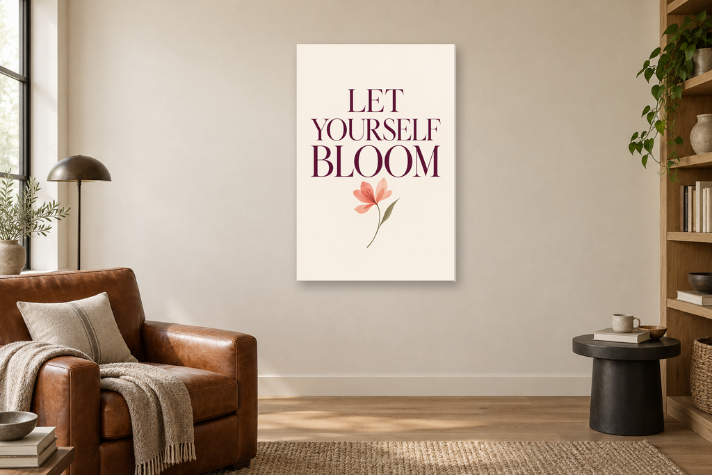 Let Yourself Bloom in a reading corner — interior mockup with the complete original artwork