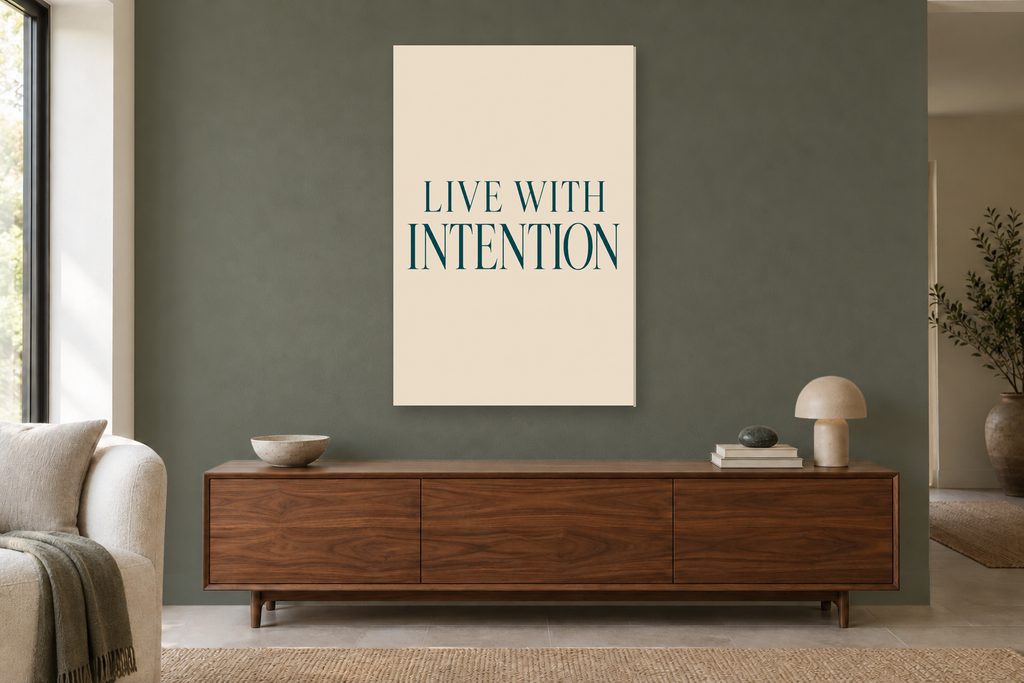 Live with Intention in a living room — interior mockup with the complete original artwork