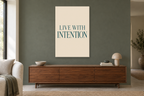 Live with Intention in a living room — interior mockup with the complete original artwork