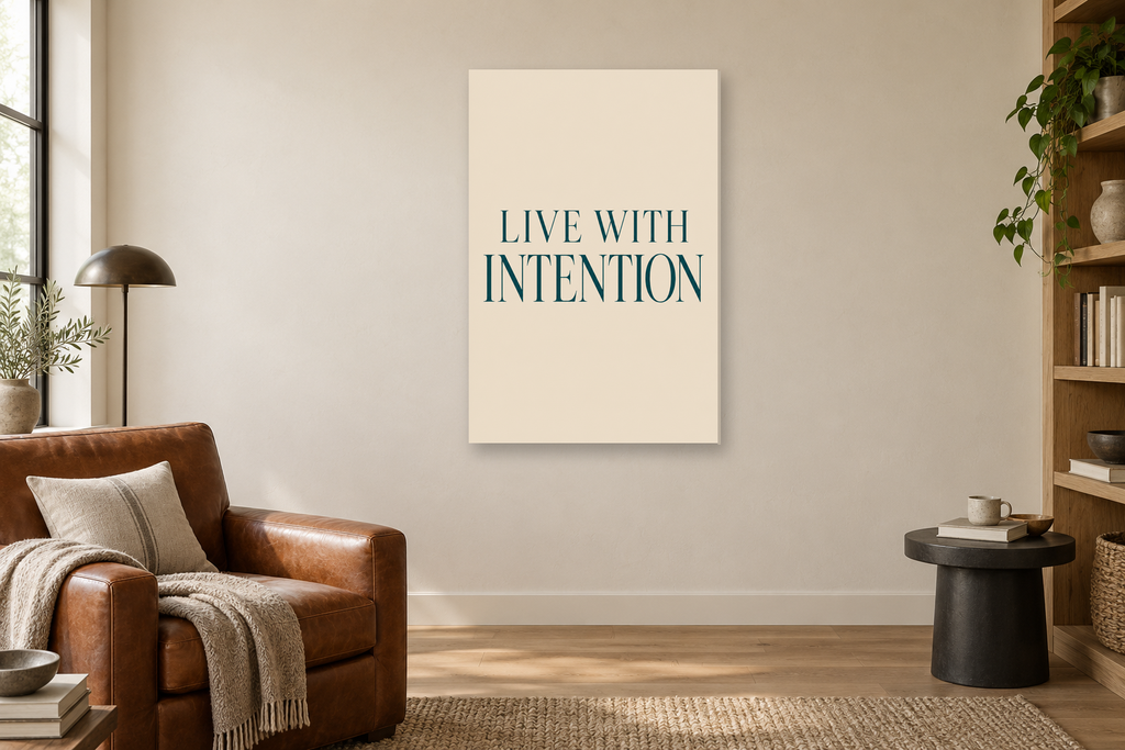 Live with Intention in a reading corner — interior mockup with the complete original artwork
