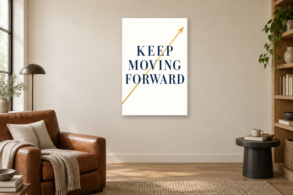 Keep Moving Forward in a reading corner — interior mockup with the complete original artwork